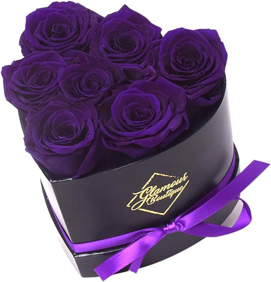 GLAMOUR BOUTIQUE 7 Flower Forever Heart Shape Box - Preserved Roses Gift for Her, Preserved Flowers, Purple