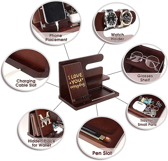 Personalized Wood Phone Docking Station for Husband Boyfriend - I Love You Everyday - Key Holder Wallet Stand Watch Organizer Men Gift Anniversary Birthday Christmas Nightstand Male Travel Gadgets