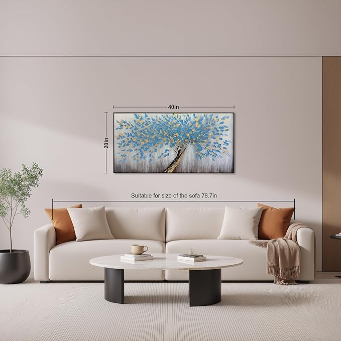 Blue Tree of Life Canvas Wall Art, Modern Abstract Textured Painting, Large Wall Art Framed Panoramic Landscape Artwork for Living Room, Bedroom, Office, Home Decor 40"x20"