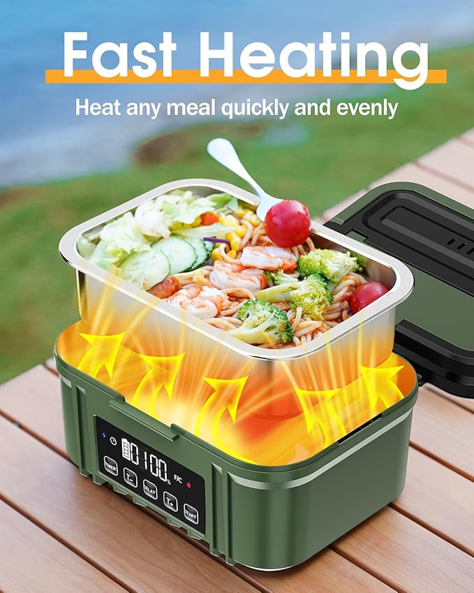 Cordless Electric Lunch Box for Adults – Battery-Powered Heated Lunch Box with 1.2L Stainless Steel Container, Timer Function, and Leak-Proof Food Warmer for Work, Travel & Office