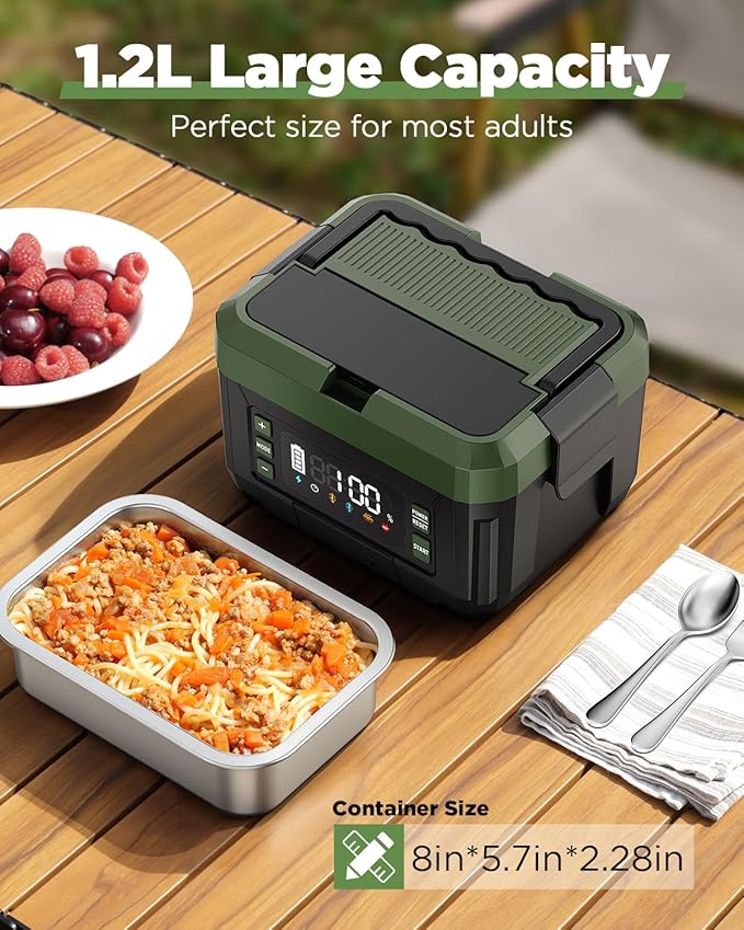 Cordless Electric Lunch Box for Adults – 1.2L Stainless Steel Self-Heating Lunch Box with 20000mAh Removable Rechargeable Battery, Portable Heated Food Warmer for Work, Travel & Office