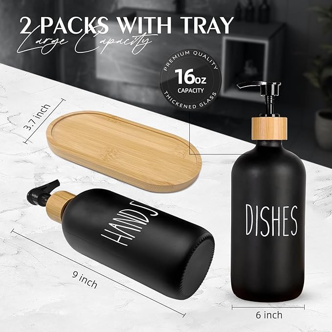 Arktek Glass Soap Dispenser Set with Tray, 2 Pack Hand and Dish Soap Dispenser Set for Bathroom and Kitchen Bottle Dispenser with Dish Soap, Hand Soap, Lotion 17 Oz (2 Black)