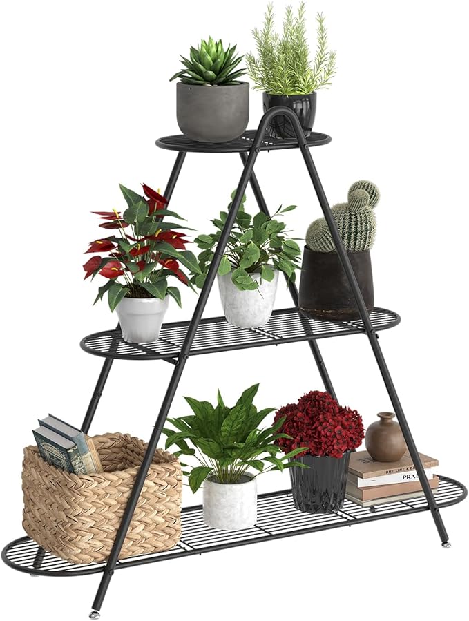 Plant Stand for Patio, 3-Tier Metal Plant Shelf–Indoor/Outdoor Display Rack for Multiple Pots, Heavy Duty Plants, Garden Flower Organizer (Black)