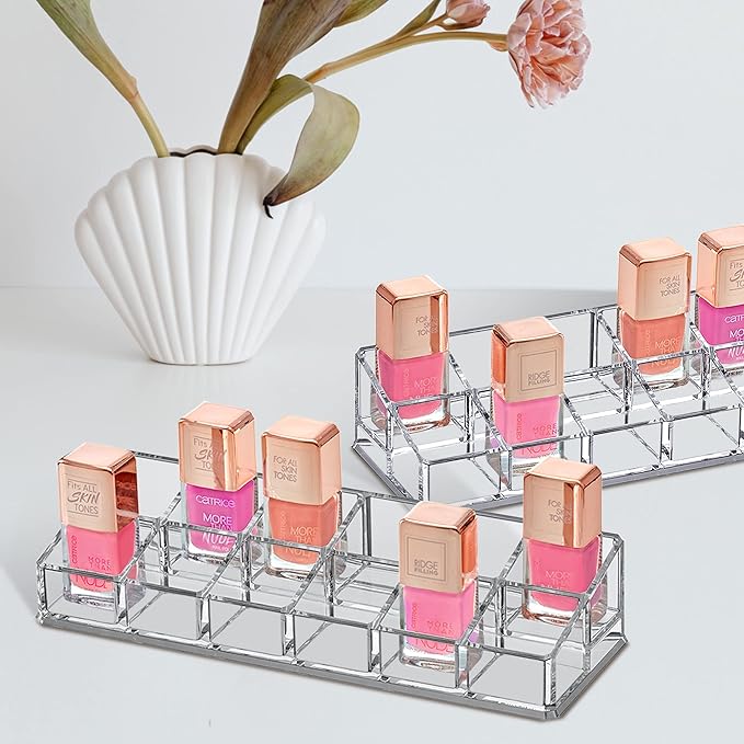 Amazing Abby - Glamour - 2-Pack 12-Slot Acrylic Nail Polish Organizer, Lipstick Holder, Lip Gloss Organizer, Cosmetic Storage Display, Perfect Storage Solution for Drawer, Vanity, Bathroom, and More