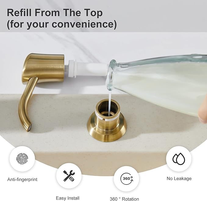 GAGALIFE Built in Sink Soap Dispenser or Lotion Dispenser for Kitchen Sink, Brushed Gold ABS Pump Head, with 17 Ounce Large PET Soap Bottle