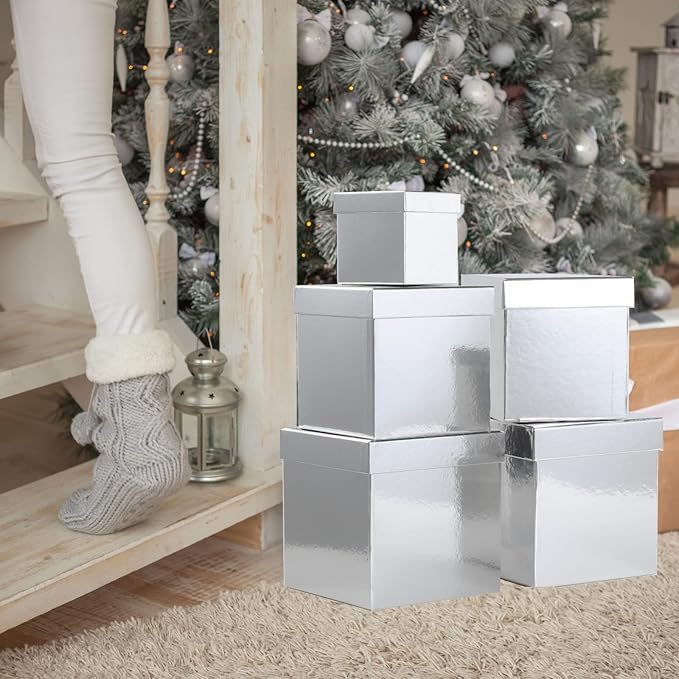 UNIQOOO 5Pcs Metallic Silver Christmas Gift Box Set with Lid, Assorted Size, Silver Square Nested Wedding Keepsake Card Gift Box, Paper Box Tower Organizer For Party, Thanksgiving, Gift Wrap Packaging