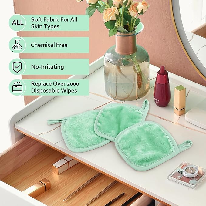 HOMEXCEL Makeup Remover Cloth 12 Count (Pack of 1), Reusable Makeup Remover Pads, Washable Ultra Soft Facial Cleansing Cloths for All Skin Types, 5 X 5 In, Green