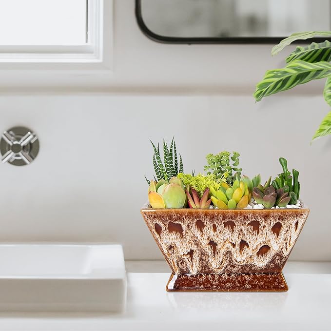 ARTKETTY Succulent Pots - 7 Inch Large Plant Pot with Drainage, Shallow Bonsai Pots Ceramic Succulent Planters for Indoor Outdoor Plants, Modern Cactus Pot Decorative Home Office