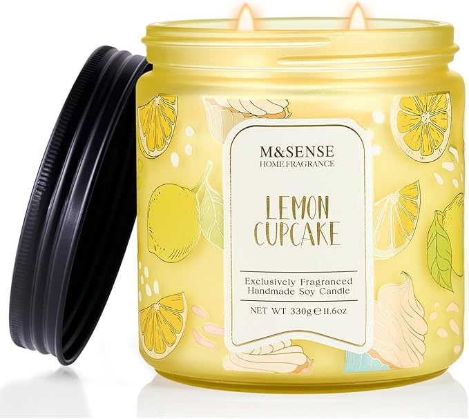 M&SENSE Lemon Vanilla Cupcake Scented Candle, 11.6oz Natural Soy Wax, 70 Hours Long Lasting Clean Burn, Citrus Vanilla Scents for Kitchen Freshness, Holiday Gifts for Women Men, Warm Home Decor