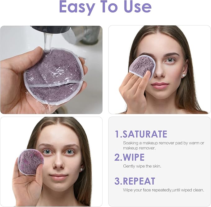 SUNLAND Reusable Makeup Remover Pads for Face,Eye,Lips 16 Pack Microfiber Face Cleansing Gloves Washable with Laundry Bag and Travel Bag Rounds Toner Pads (Round 3.15inchx16, dpurple)