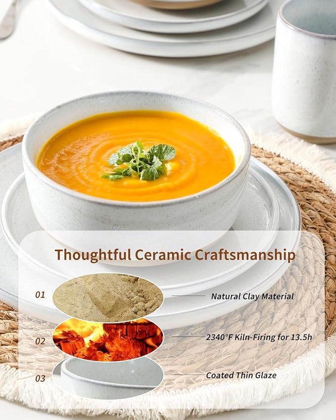 Hasense Plates and Bowls Sets, 3 Pieces Modern Porcelain Dishes Sets, Stoneware Dinnerware Sets with Speckled Pattern, Scratch Resistant Microwave and Dishwasher Safe, White