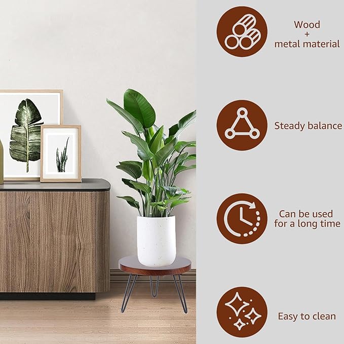 Plant Stand Indoor Outdoor, Wooden plant Stool, Mid Century Plant Stand for Indoor Plants, Wood Modern Plant Holder Rattan Flower, Low Short Boho Rustic Planter Stand Fit 5-15 Inch Pot (Walnut, L)