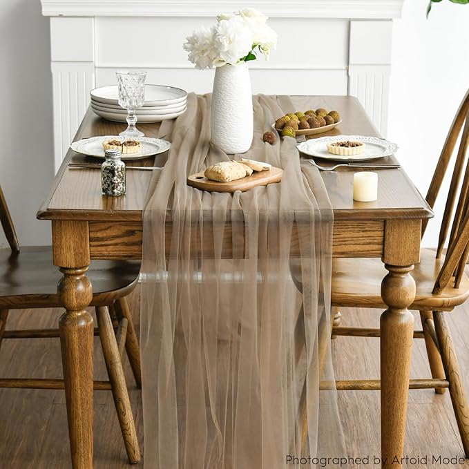 Artoid Mode Coffee Gauze Table Runner 120 Inch 10FT, Seasonal Sheer Kitchen Dining Holiday Wedding Birthday Baby Shower Table Decor for Home Party