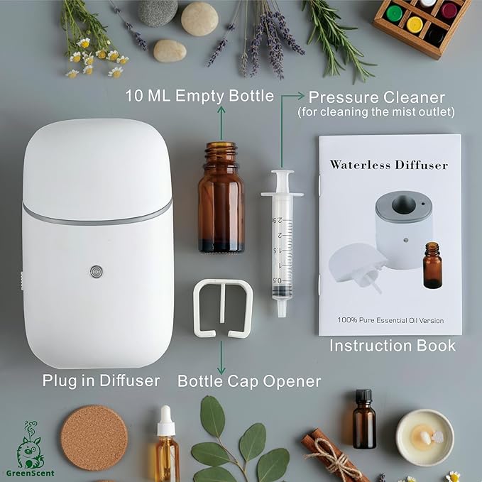 Waterless Essential Oil Diffuser, Plug in Diffuser for Home (Bathroom, Bedroom, Living Room, Kitchen), Office & Yoga Room - Daily 12H Timer Intermittent Dry Mist, Fits 10ml Oil Bottles, Night Light