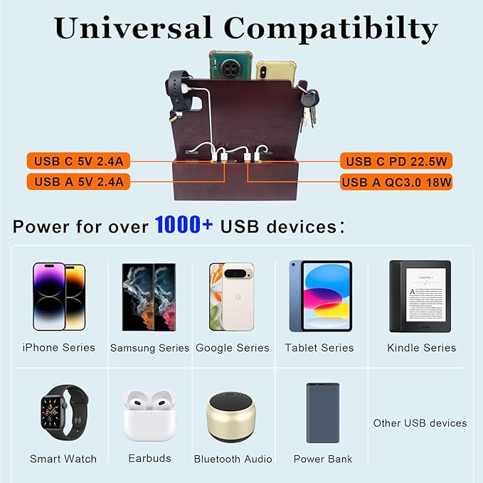 Wood Phone Docking Station with Drawer 4 USB Nightstand Organizer Charging Station with QC 3.0 & PD USB C Fast Charger for iPhone Android Mens Jewelry Box Anniversary Birthday Gifts for Men