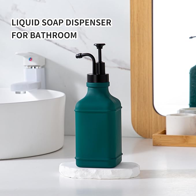 Enra Glass Soap Dispenser with Clear Window,12oz Matte Stainless Steel Hand Pump Dispenser,Hand and Liquid Soap Dispenser Rust Proof Countertop Lotion Bottle (Green-Square-Liquid)