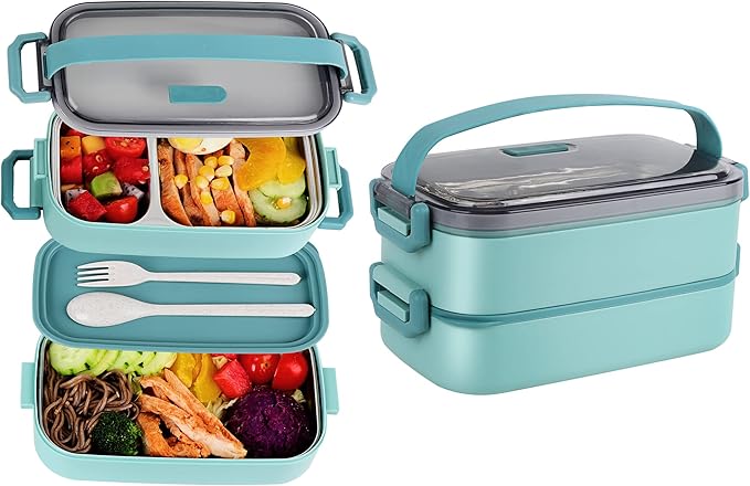 Bento Lunch Box for Kids Women Men, 47oz 2-Compartment Snack Salad Metal Food Prep Pack Container for Lunch, Stainless Steel 2 Layers Stackable Lunch Containers with Lids for Adults and Teens Green