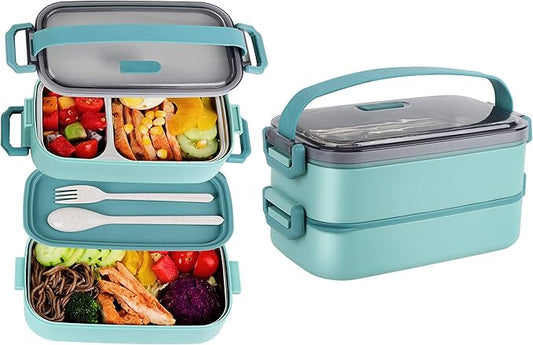 Bento Lunch Box for Kids Women Men, 47oz 2-Compartment Snack Salad Metal Food Prep Pack Container for Lunch, Stainless Steel 2 Layers Stackable Lunch Containers with Lids for Adults and Teens Green
