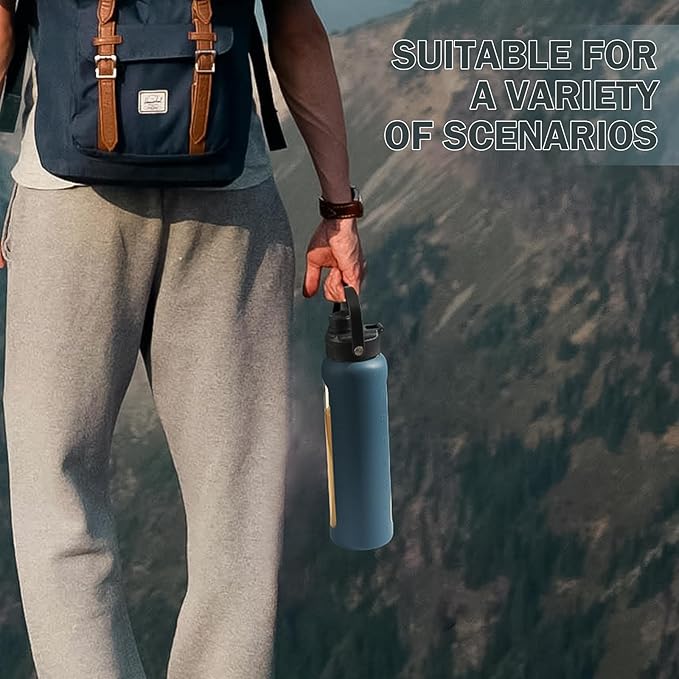 32oz Glass Water Bottle with Straw and 2 Lids- Bamboo and Spout Lid,Motivational Sports Water Bottle with Silicone Sleeve and Time Marker,Reusable for Gym, Outdoors,Dark Blue