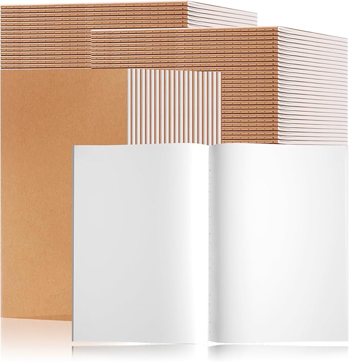 60PCS A5 Blank Kraft Notebooks Bulk, 8.3x5.5inch Unlined Paper Composition Notebook, 60 Pages Travel Journal Notebook Set for Work, School, Student,Kids and Writing