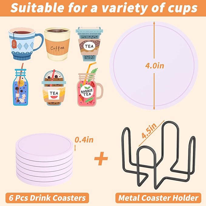 Azhou 6Pcs Drink Coaster with Holder, Lavender Absorbent Coasters for Drinks, Non-Slip with Velvet Bottom, Thick Heavy Duty 4 inch Ceramic Coasters, Home Decor Coffee Bar Accessories