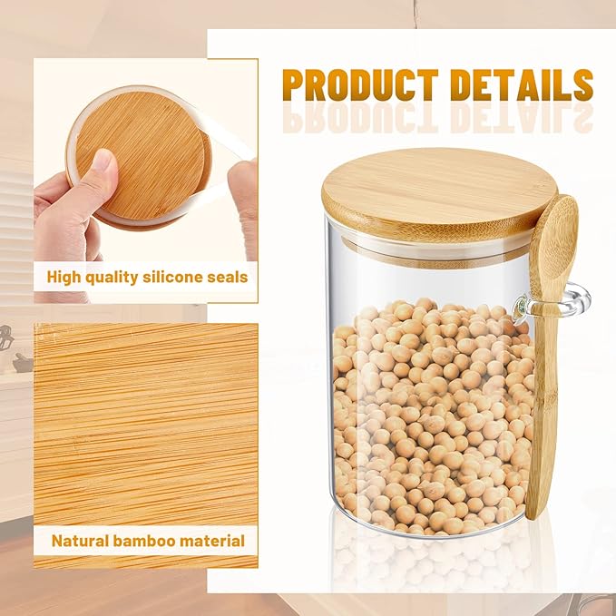 Tessco for you 2 Pack Sugar Jar Glass Container with Spoon Clear Glass Jars with Bamboo Lid and Spoon Scoop for Women Christmas Kitchen Gift Coffee Beans, Spice, Sugar, Nuts, Candy, Salts (17 oz)