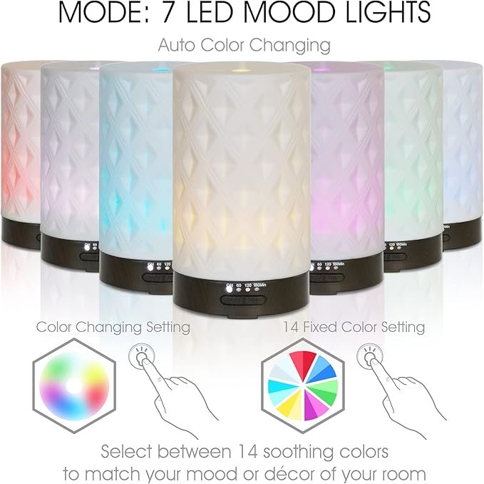 Earnest Living Essential Oil Diffuser for Home White Ceramic 100ml Aromatherapy Diffuser with 4 Timers 7 Night Lights and Auto Off Function (no Beep!) for Essential Oils