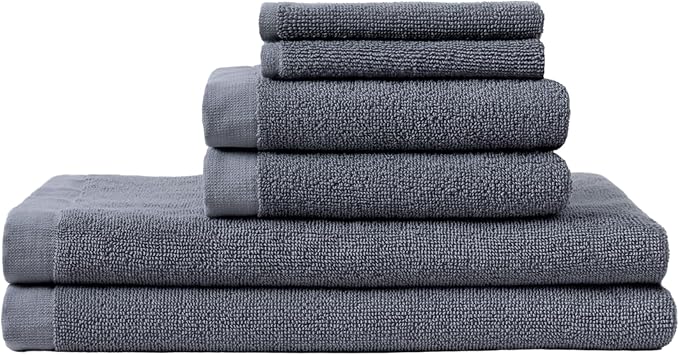Coyuchi Classic Organic Cotton Terry Bath Towels, 6-Piece Towel Set, Graphite, Quick-Dry, Highly Absorbent, Soft, Lightweight, 100% GOTS Certified, 2 Hand Towel, 2 Bath Towel, and 2 Washcloth