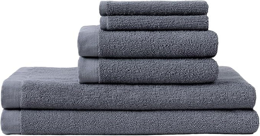 Coyuchi Classic Organic Cotton Terry Bath Towels, 6-Piece Towel Set, Graphite, Quick-Dry, Highly Absorbent, Soft, Lightweight, 100% GOTS Certified, 2 Hand Towel, 2 Bath Towel, and 2 Washcloth
