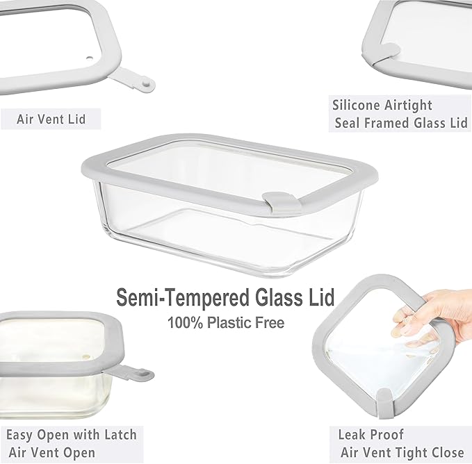 Glass Food Containers with Glass Lid, Microwave Safe Food Storage Container Set, 4 Pack, Airtight Storage Set with Leak Proof Lids, Meal Prep Containers