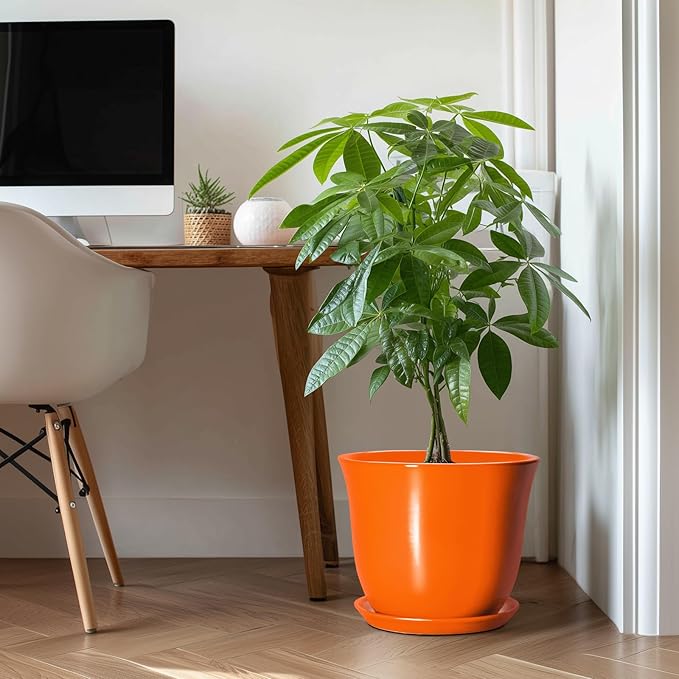 12 Inch Pots for Plants - Ceramic Planters Indoor with Drainage Hole and Saucer, Large Round Planter for Outdoor Plants, Decorative Flower Pot, Garden Decor, Plant Lover Gifts, Orange