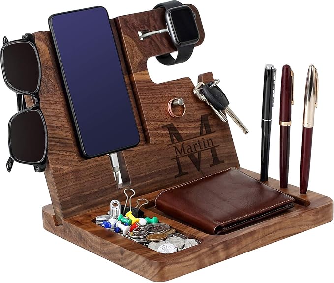 Custom Gift for Son - Wooden Docking Station, Personalized Engraved Desk Organizer, Nightstand Docking Station, Charge Station, Phone Holder, Watch, Glasses, Key, Birthday Graduation Gift (Walnut)