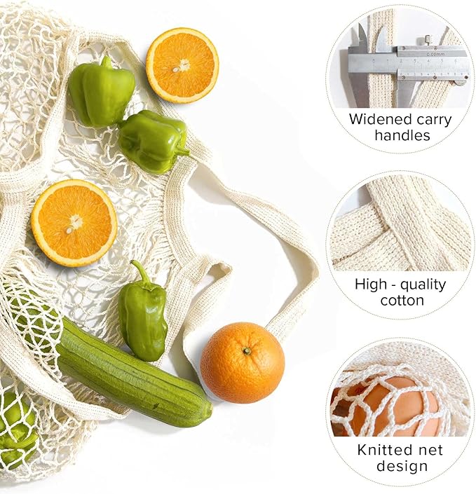 LZMS 3PCS Cotton Net Bags for Produce,Farmers Market Bag,Mesh Produce Bags Reusable Washable,Grocery Veggie Net Tote with Wide-Strap Carry Handles(Long Handle)