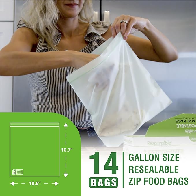 Responsible Products Certified Compostable Large GALLON Resealable Zip Bag, Extra Strength Food Bags, Made from Plant Materials (14 Pack)
