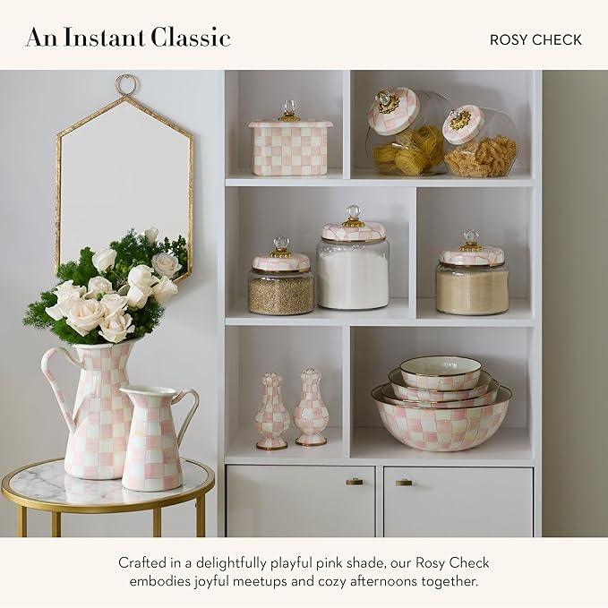 MACKENZIE-CHILDS Enamel Everyday Bowl, Serving Bowl for Entertaining, Extra-Large, Pink-and-White Rosy Check, Set of 1