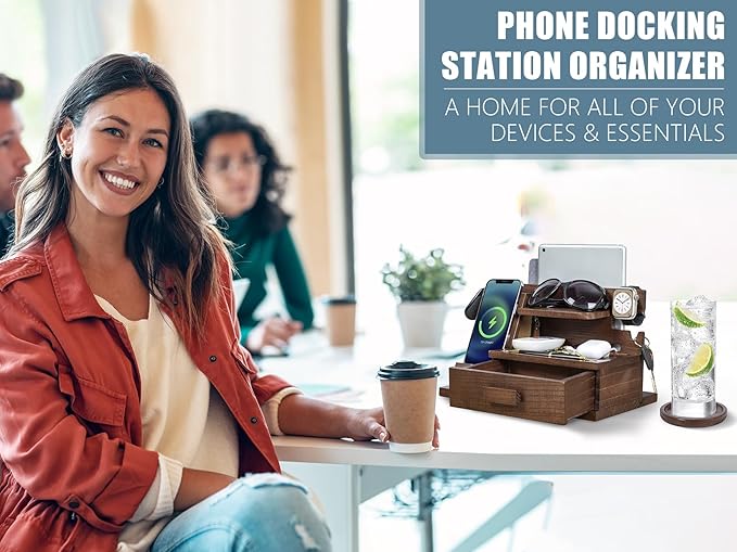 Wood Phone Docking Station with Drawer, Compatible with Apple Watch - Wood Charging Station Organizer Stand, Bedside Nightstand Organizer for Men, Holds Phone, Tablet, Keys, Glasses, EDC