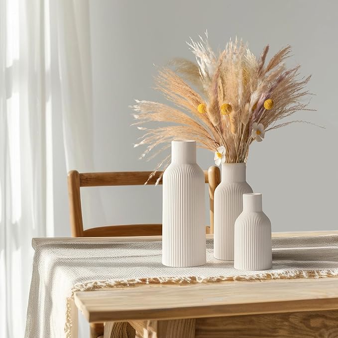 White Ceramic Vases Set of 3, White Ribbed Decorative Vases - Table Centerpieces for Wedding, Living Room, Office & Shelf Decor