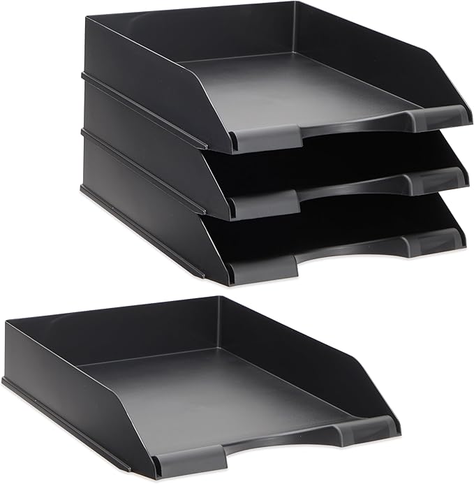 Stockroom Plus Letter Tray - Stackable Desk Organizer Trays - Desktop File Organizer - Mail & Document Storage - Pack of 4, Black, 10 x 13.5 x 2.5 in