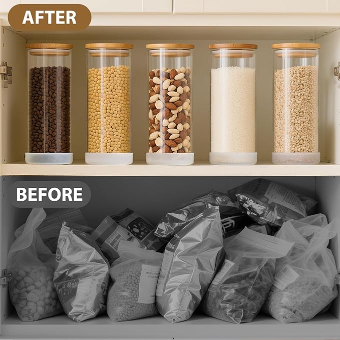 34oz Round Glass Storage Containers with Bamboo Lids – 6 Pack Medium Clear Food Airtight Glass Jars for Pantry Organizers and Storage, Kitchen Dry Food, Flour, Cereal, Coffee Beans & Staples