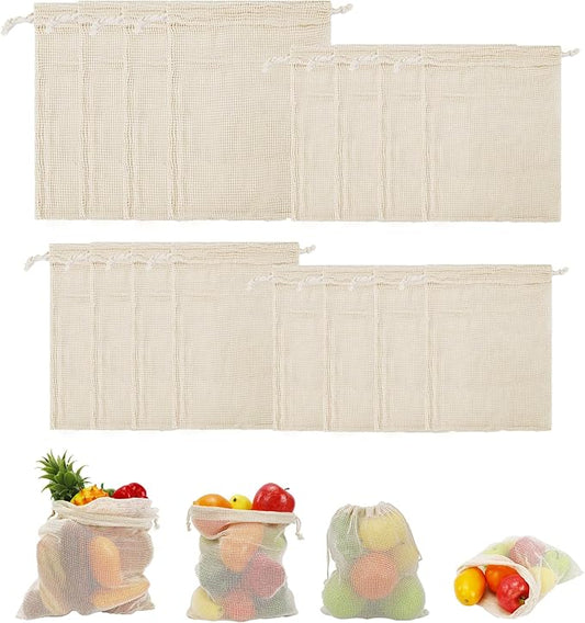 16 Pack Reusable Produce Bags, Mesh Vegetable Grocery Bag Washable, 100% Cotton Drawstring Net Storage Bags for Refrigerator, Shopping, Veggies and Fruits, Beach, Transporting, Durable, (4XL,4L,4M,4S)
