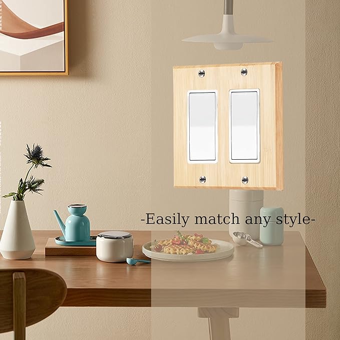 Raw Wood Light Switch Cover Decorative Double Rocker Wall Plate 4.5" x 4.5" Bamboo Quality Light Switch Plate Cover for Bedroom Kitchen Home Decor (Double Rocker Switch Plate)