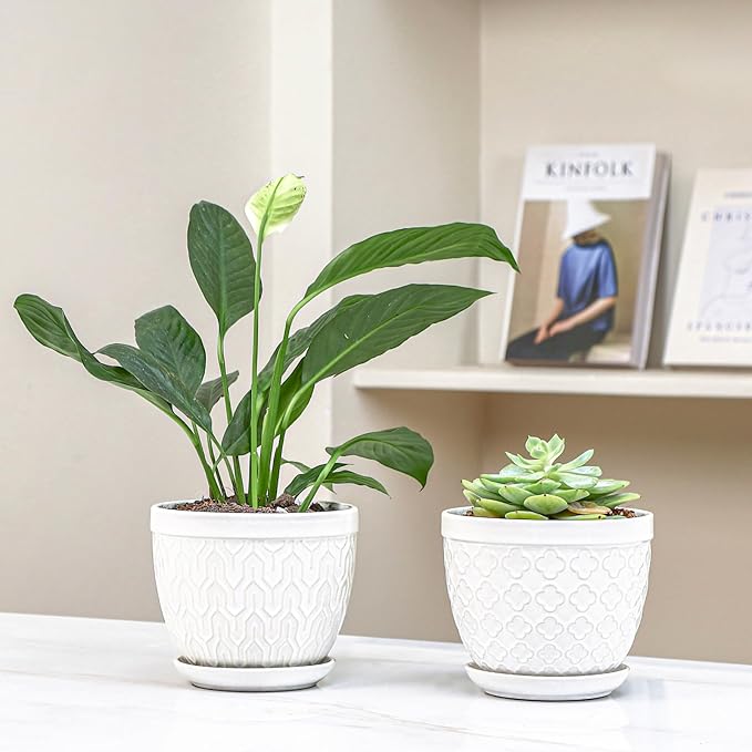 Sureasy Ceramic Indoor Plant Pots - 5.6 Inch Flower Pots for Plants with Drainage Hole and Saucer, Embossed Planter for Succulents, Orchid, Cactus, Indoor Home Decor, Set of 4, White
