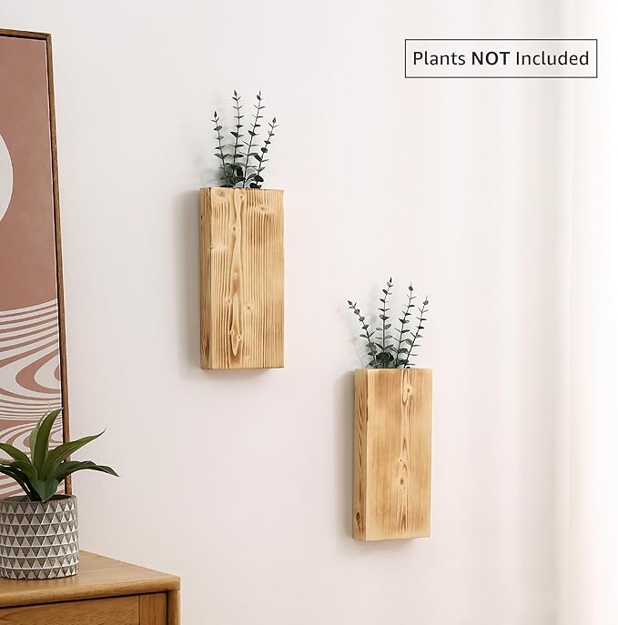 Wood Wall Planter Set of 2, Wood Wall Pocket for Greenery and Dried Flowers, Indoor Wood Hanging Vase, Modern Farmhouse Wall Decor for Living Room Bedroom Office Eucalyptus Stems Decorations (Retro)