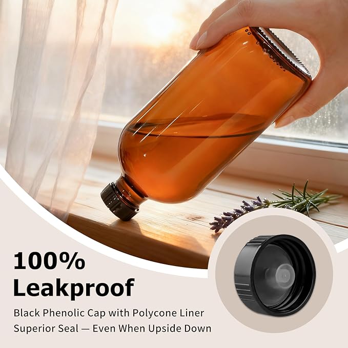 4 Pack 32 oz Amber Glass Boston Round Bottles with Phenolic Polycone Caps – Airtight, Leak-Proof Brown Bottles for Kombucha Brewing, Essential Oils, Storing Condiments, and Homemade Solutions