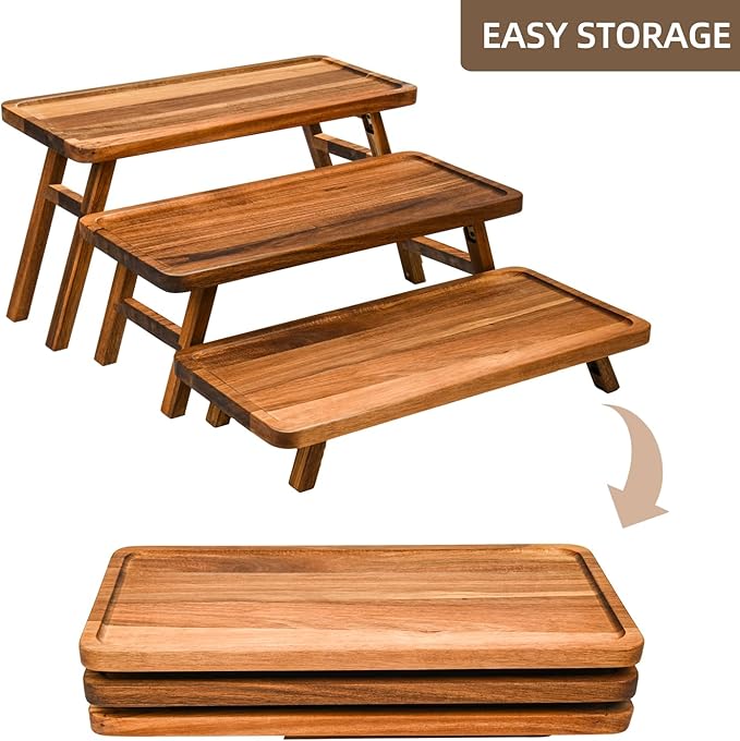 GEHE 3 Tier Serving Stand, Acacia Wood Dessert Table Display Cupcake Stand, Rustic Foldable 3-Tiered Serving Trays & Platters, Large Charcuterie Board for Birthday Wedding Bridal Shower Tea Party