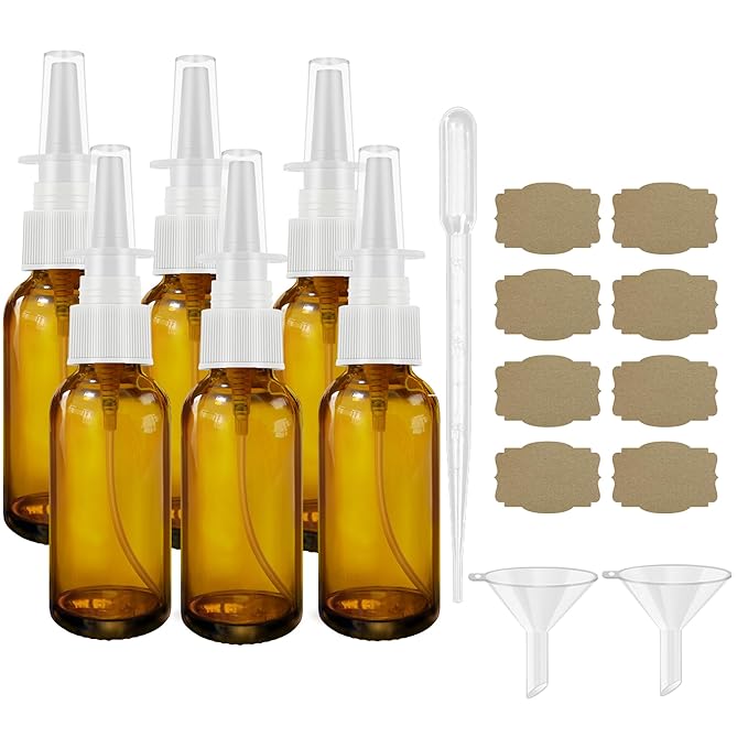 Nasal Spray Bottles 6Pcs1oz (30ml) with 2*Funnel,1*Dropper, 8*Label,Empty Nasal Spray Bottle,Amber Glass Nasal Spray Bottle,Press Spray Head Refillable Portable Fine Mist