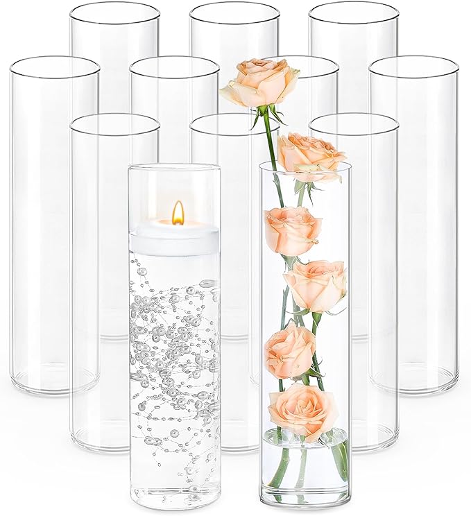 12Pcs Glass Cylinder Vases 12 Inch Tall Clear Flower Vases for Centerpieces Wedding Decoration, Hurricane Floating Candle Holder for Party Table Home Decor