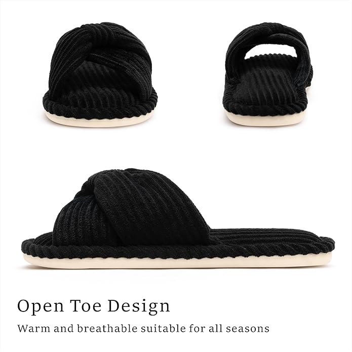 Chantomoo Slippers for Women Memory Foam House Womens Slipper Slides Home Bedroom Bathroom Spa Open Toe Corduroy Bow Slippers Cozy Comfortable