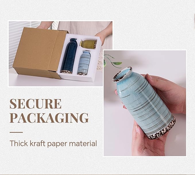 Ceramic Vase Set of 3, Farmhouse Decorative Vase for Pampas Grass, Living Room, Bathroom,Bookshelf, Centerpieces (Blue/Navy Blue/Yellow)