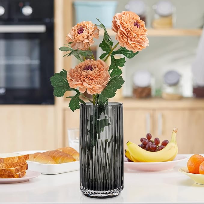 Flower Vase 7.5 inch Grey Thickened Hand Blow Glass Vase Round Vintage Striped Bottles for Bookshelf,Dinner Table,Indoor Office Desktop,Meeting Room,Bathroom,Countertop,Home